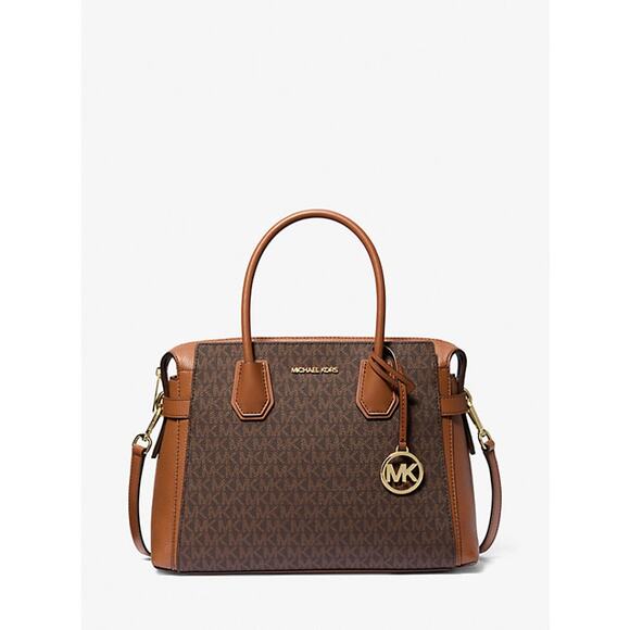 Michael Kors Mercer Medium Signature Logo and Leather Belted Satchel Bag - Picture 2 of 8